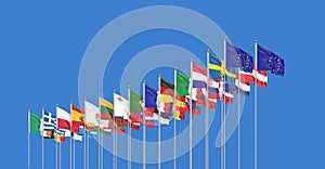 27 waving flags of countries of European Union EU. Blue sky background. 3D illustration