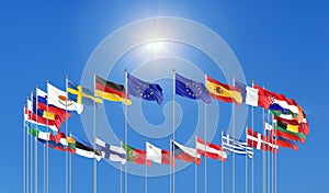 27 waving flags of countries of European Union EU. Blue sky background. 3D illustration