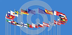 27 waving flags of countries of European Union EU. Blue sky background. 3D illustration