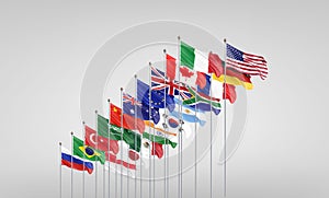 27 waving flags of countries of European Union EU. Grey background. 3D illustration