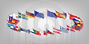 27 waving flags of countries of European Union EU. Grey background. 3D illustration