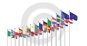 27 waving flags of countries of European Union EU. White background. 3D illustration