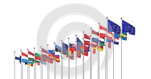27 waving flags of countries of European Union EU. White background. 3D illustration