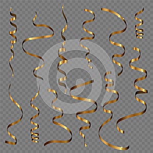 275_A set of golden curling streamers or ribbons on a transparent background