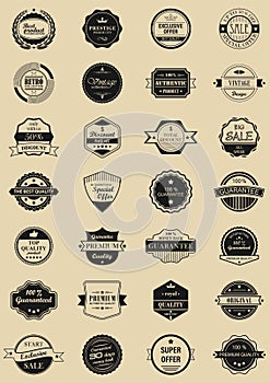 28 labels and logotypes. Set of vintage retro stamps, ribbons, frames and marks.