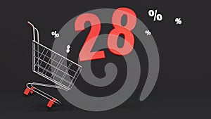 28 percent discount flying out of a shopping cart on a black background. Concept of discounts, black friday, online sales. 3d