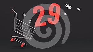 29 percent discount flying out of a shopping cart on a black background. Concept of discounts, black friday, online sales. 3d