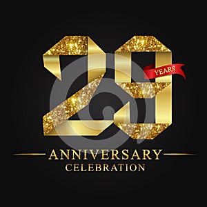 29th anniversary years celebration logotype. Logo ribbon gold number and red ribbon on black background.