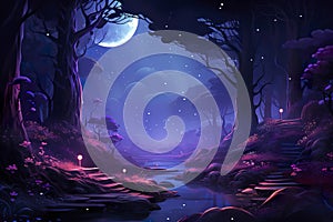 2D abstract starlit forest background environment for adventure or battle mobile game.