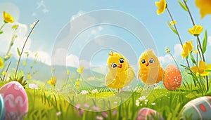 A 2D animated picture of cute chicks and Easter eggs