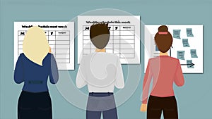 2D animation, back view of three students standing in front of schedule and other information. Young men and women