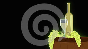 2d animation, bottle of white wine, wineglass and grape branch on wooden barrel. Concept of alcohol industry, wine