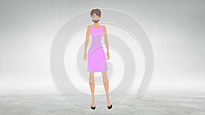 2D animation, Caucasian woman in pink dress moving away and transforming into bearded man in suit. Hermaphroditism