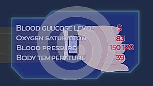 2d animation, male Caucasian hand with smart watch tapping on screen and medical measurements appearing. SATS, blood