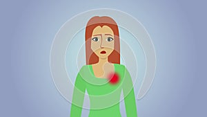 2D animation, sad Caucasian woman at blue grey background. Red circles appearing on human body, pain icons. Headache