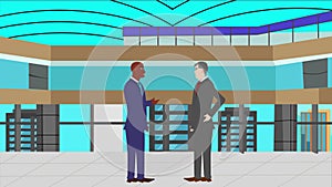 2D animation of two business man character talking each other in modern office area