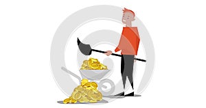 2d animation of worker shoveling gold money to pushcart