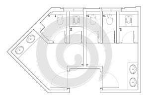 2D architectural CAD layout drawing male toilet and female toilet each of which has a squat and sitting toilet.