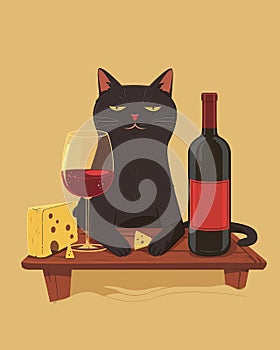 2d black cat and red wine illustration. Cheese and cherries on the table. Vertical layou