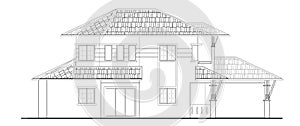 2D CAD 2-story house external elevation drawing complete with facade decoration, window and door.