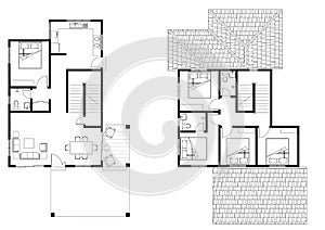 2D CAD 2 story house layout plan drawing with bedrooms complete with 2 bathrooms, balcony, furniture, kitchen, living room porch a