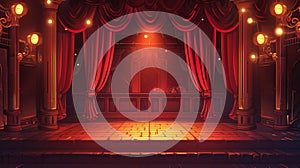 2D cartoon theater stage with red curtains and spotlights. Theatre interior with empty wooden scene separated with