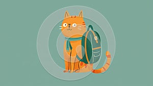 2d cat doodle illustration. For back to school stories. Kitten with a backpack