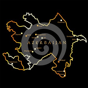 2D golden Map of Azerbaijan with main cities and capital Baku