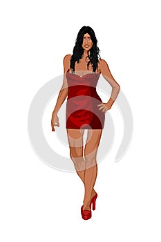 2d illustration of an elegant woman - fashionably dressed woman standing isolated on white background