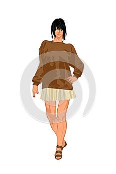 2d illustration of an elegant woman - fashionably dressed woman standing isolated on white background