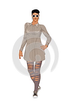 2d illustration of an elegant woman - Portrait of a fashionably dressed woman standing isolated on white