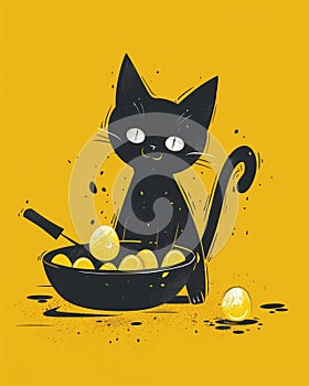 2d kitten frying eggs. Flat doodle. Learning to cook. Vertical illustration. Black and yellow