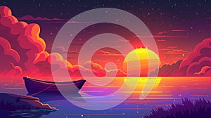 A 2D landscape with a sunset in the ocean and a boat moored to the beach with a bright orange sky and purple clouds