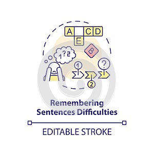 2D line icon remembering sentence difficulties concept