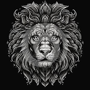 2d lion black and white mascot for t-shirt brand on black background. Generative AI