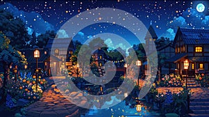 2d pixel art of night village