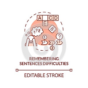 2D red line icon remembering sentence difficulties concept
