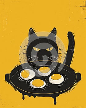 2d serious cat looking at fried eggs in the pan. Flat doodle. Sunny side up. Vertical illustration