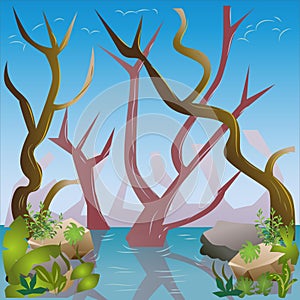 2D Sinking Forest Game Background Vector Illustration