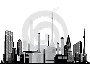 2D vector illustration template with industrial facility buildings and skyscrapers