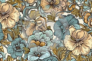 2D wallpaper pattern exotic floral pattern handpainted style seamless tile gilded age pastel melrose pansies roses offwhite beige