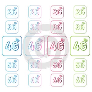 2g, 3g, 4g, 5g, 6g icon set for internet and phone.