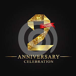 2nd anniversary years celebration logotype. Logo ribbon gold number and red ribbon on black background.