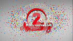 2nd Happy Anniversary Typography Open Surprise gift box present Open Falling confetti background.