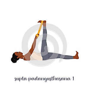 2Woman doing stretching yoga exercise called Supta Padangusthasana