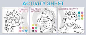 3 in 1 funny coloring page for preschool and kindergarten kids with cute and kawaii unicorn in many actions. Simple coloring page.