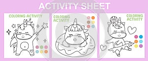 3 in 1 funny coloring page for preschool and kindergarten kids with cute and kawaii unicorn in many actions. Simple coloring page.