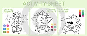 3 in 1 funny coloring page for preschool and kindergarten kids with cute and kawaii unicorn in many actions. Simple coloring page.