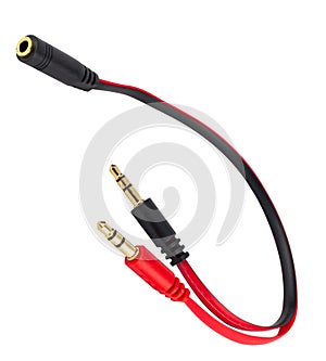 3.5 mm audio jack plug with cable, insulated on white background