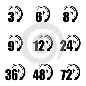 3, 6, 8, 9, 12, 24, 36, 48 and 72 hours clock arrow vector icons. Delivery service, online deal remaining time website symbols.